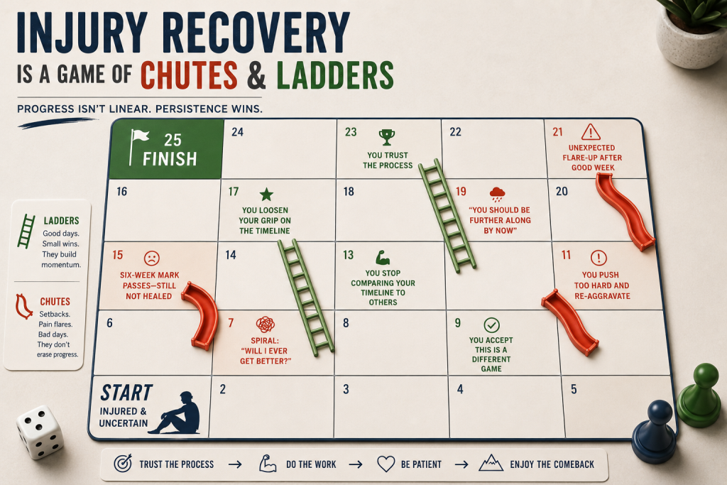 Infographic titled "Injury Recovery Is a Game of Chutes & Ladders" with the subtitle "Progress isn't linear. Persistence wins." A 25-square game board runs from Start (Injured & Uncertain) to Finish. Green ladders represent good days and small wins that build momentum; red chutes represent setbacks, pain flares, and bad days. Labeled squares include: Square 7 — Spiral: "Will I ever get better?"; Square 9 — You accept this is a different game; Square 11 — You push too hard and re-aggravate; Square 13 — You stop comparing your timeline to others; Square 15 — Six-week mark passes, still not healed; Square 17 — You loosen your grip on the timeline; Square 19 — "You should be further along by now"; Square 21 — Unexpected flare-up after good week; Square 23 — You trust the process. A footer reads: Trust the Process → Do the Work → Be Patient → Enjoy the Comeback. Game pieces, a die, and a small plant are shown alongside the board. Carrie Jackson branding is implied throughout.